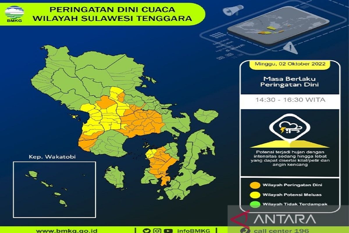 Di Sulawesi Tenggara, lima daerah berpotensi diguyur hujan lebat