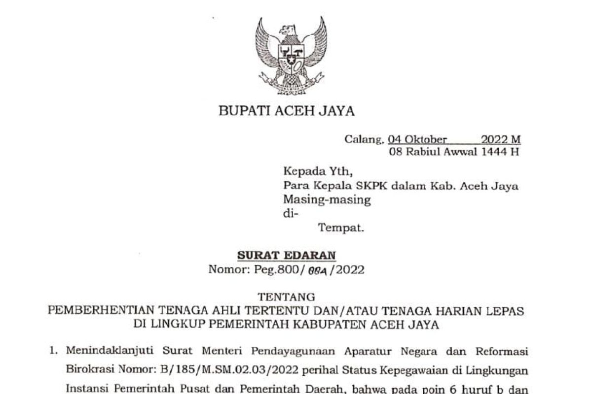 Pemkab Aceh Jaya berhentikan 1.895 THL mulai 1 Oktober 2022