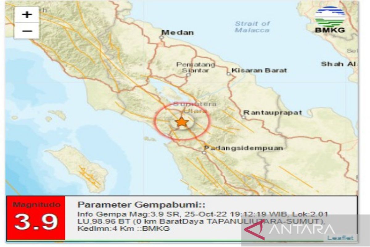 Gempa bumi magnitudo 3,9 kembali guncang Tapanuli Utara, pusatnya di Tarutung