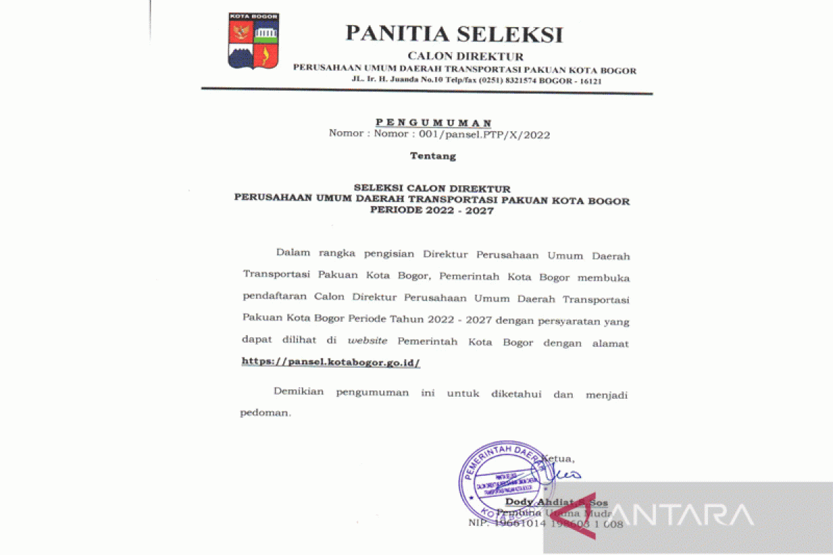 Pengumuman seleksi calon Direktur Perumda Transportasi Pakuan  Kota Bogor