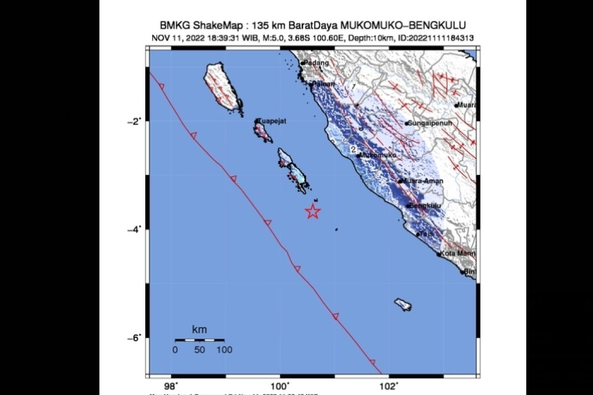 Gempa dangkal magnitudo 5,0 guncang wilayah pantai barat daya Bengkulu