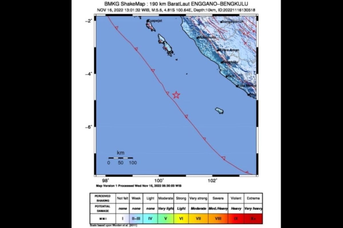 BMKG: Gempa berkekuatan magnitudo 5,6 guncang Enggano