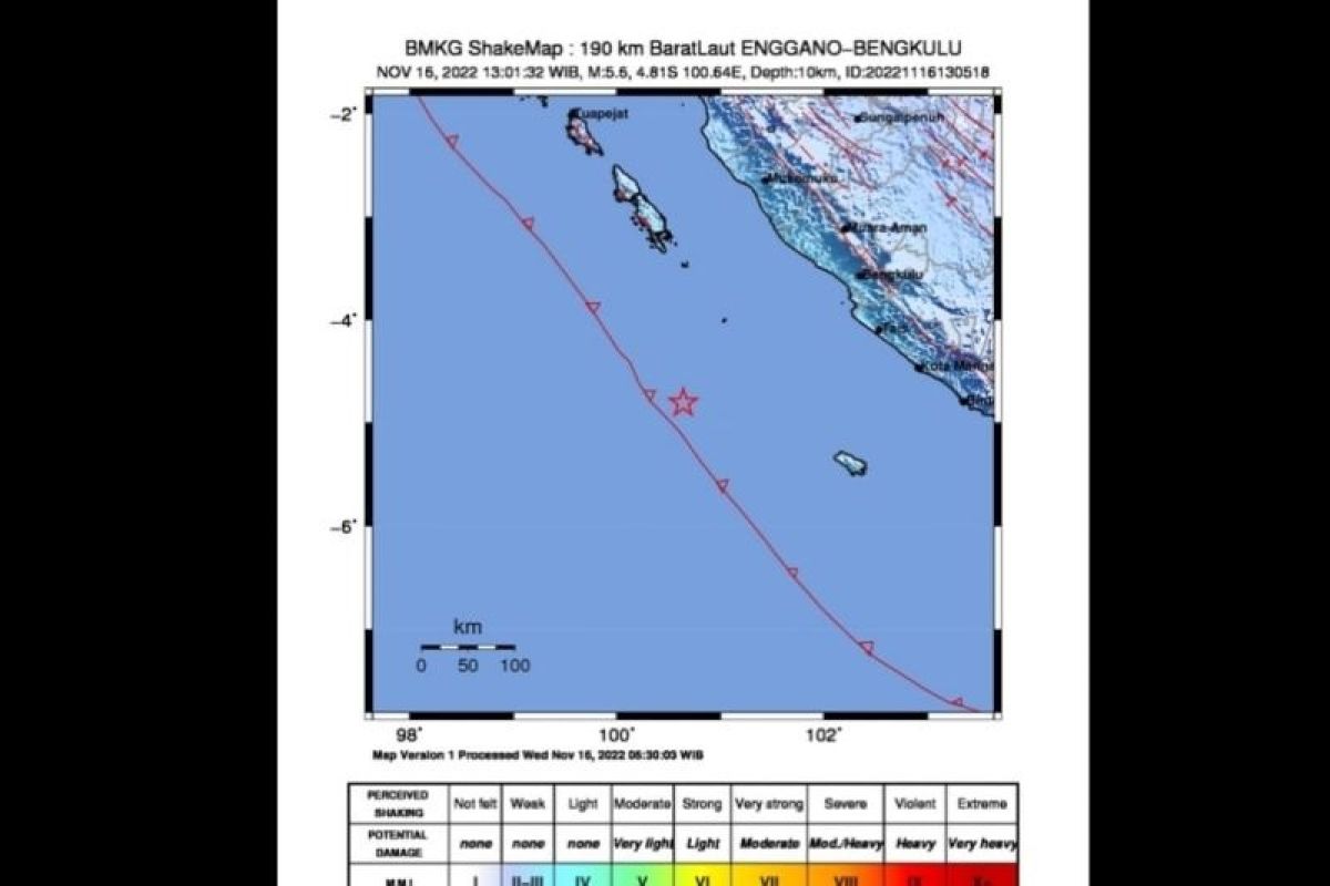 BMKG: Gempa tektonik berkekuatan magnitudo 5,6 guncang Enggano