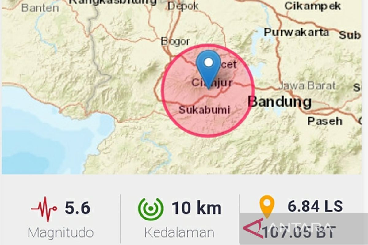 Gempa bumi dengan magnitudo 5,6 landa barat daya Cianjur