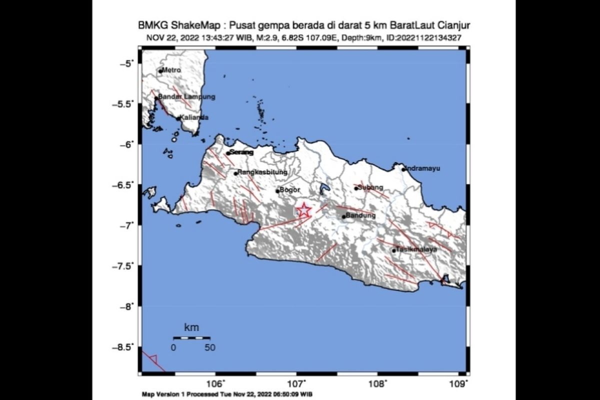 Gempa dangkal di darat dengan magnitudo 2,9 guncang barat laut Cianjur