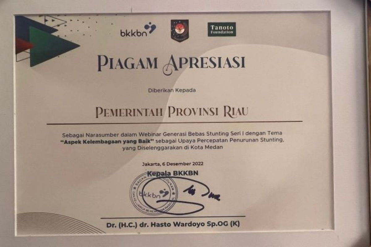 Pemprov Riau terima penghargaan dari BKKBN Pusat terkait upaya penurunan stunting