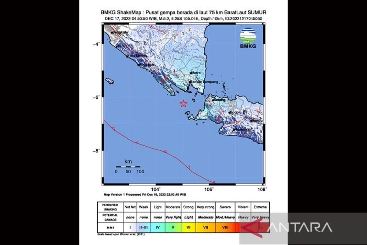 Gempa bumi magnitudo 5,2 terjadi di laut Sumur Banten, kedalaman 10 km