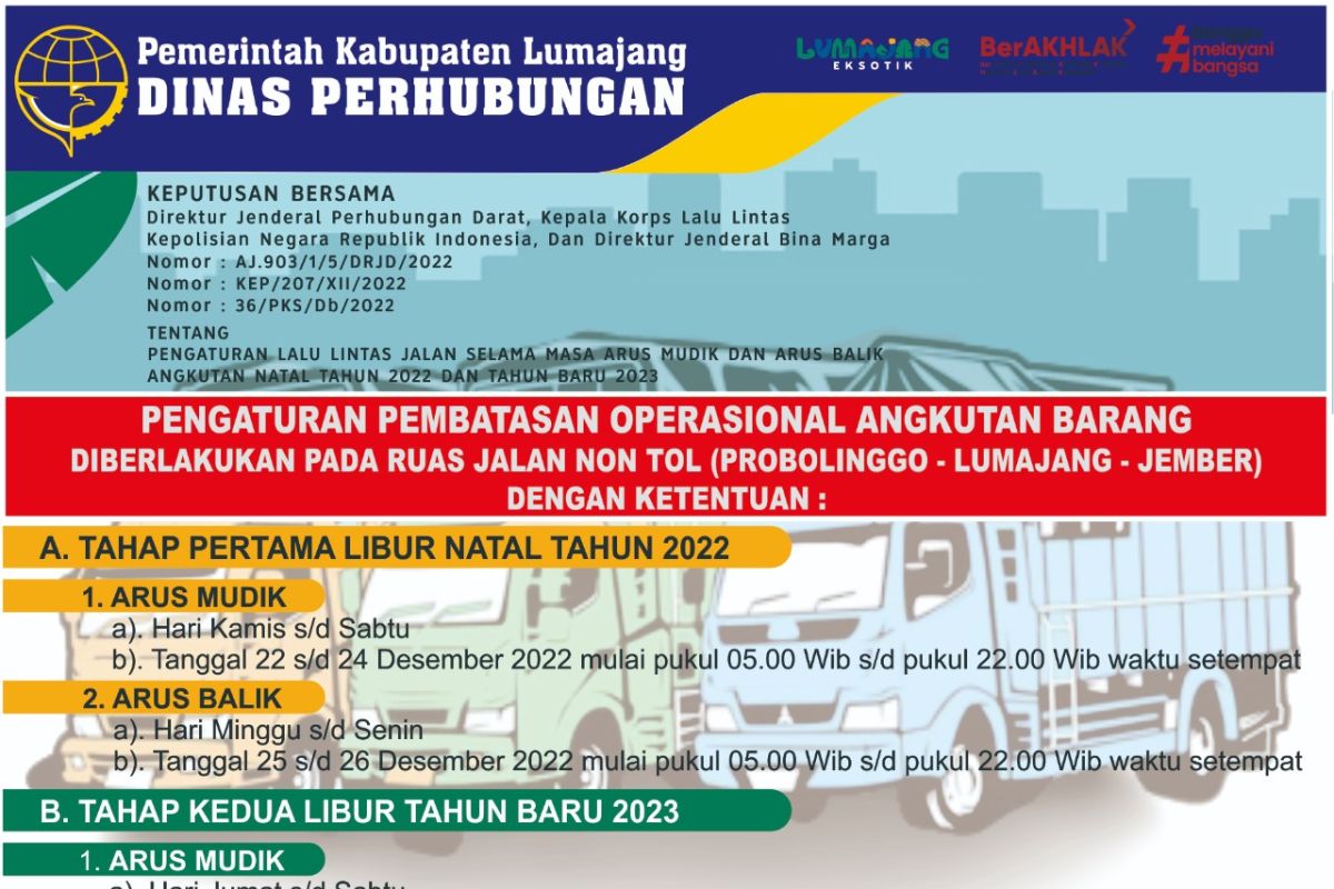 Pemkab Lumajang batasi angkutan barang selama Natal - Tahun Baru