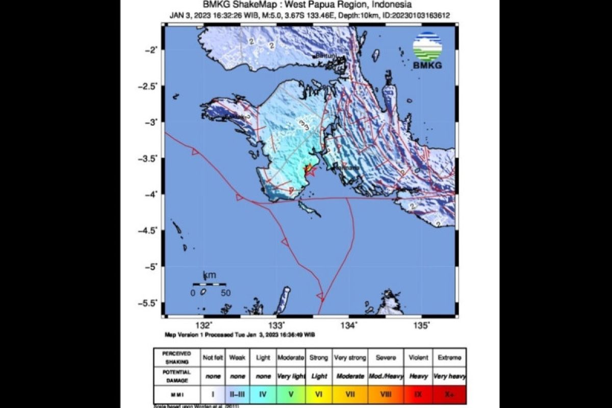 Gempa dangkal magnitudo 5 guncang wilayah Kaimana Papua Barat