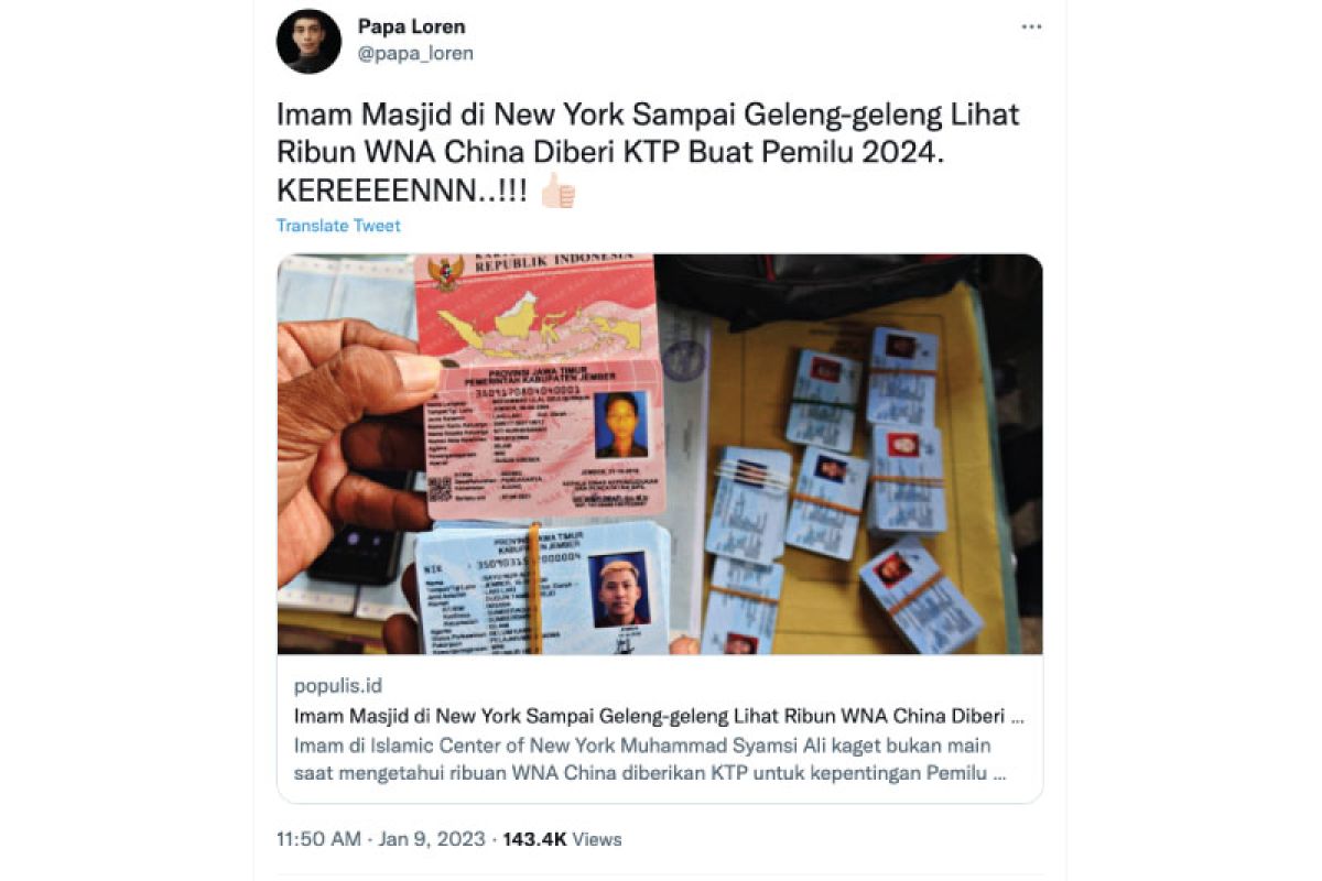 Misinformasi! Pemerintah cetak ribuan KTP WNA China untuk Pemilu 2024