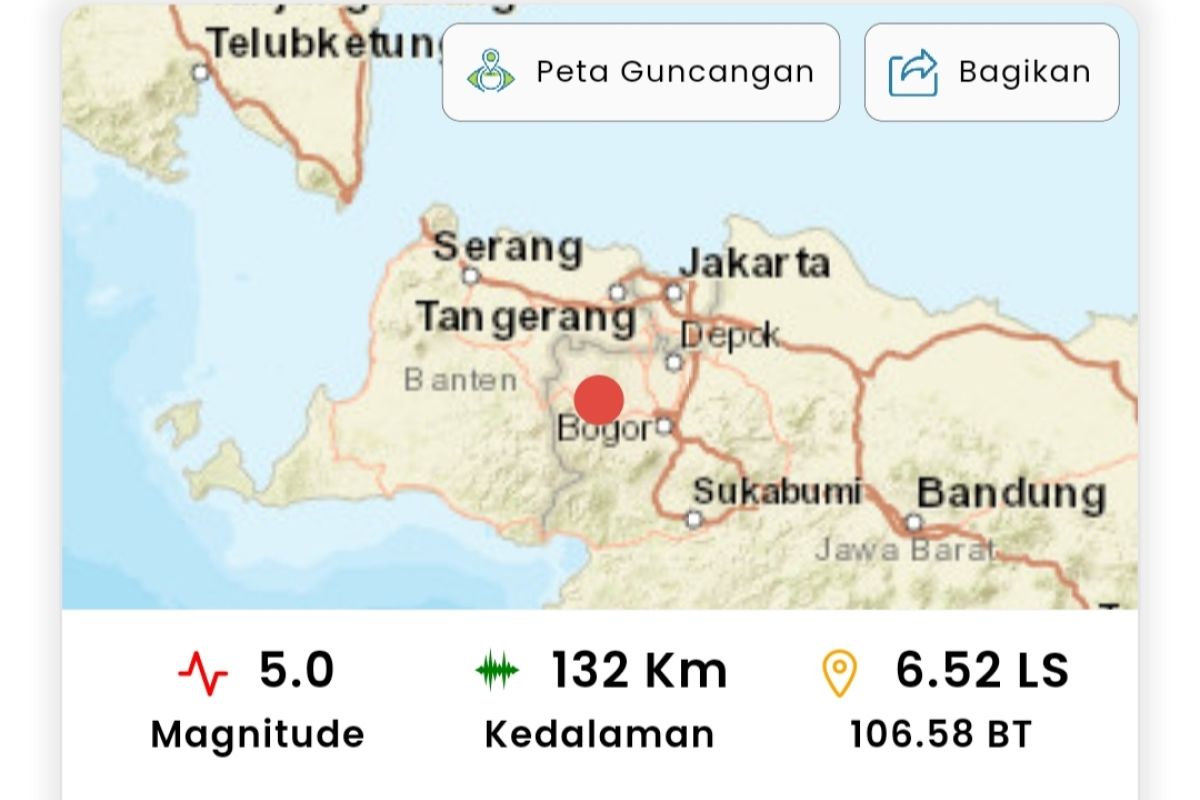 BMKG: Gempa magnitudo 5 terjadi di Bogor