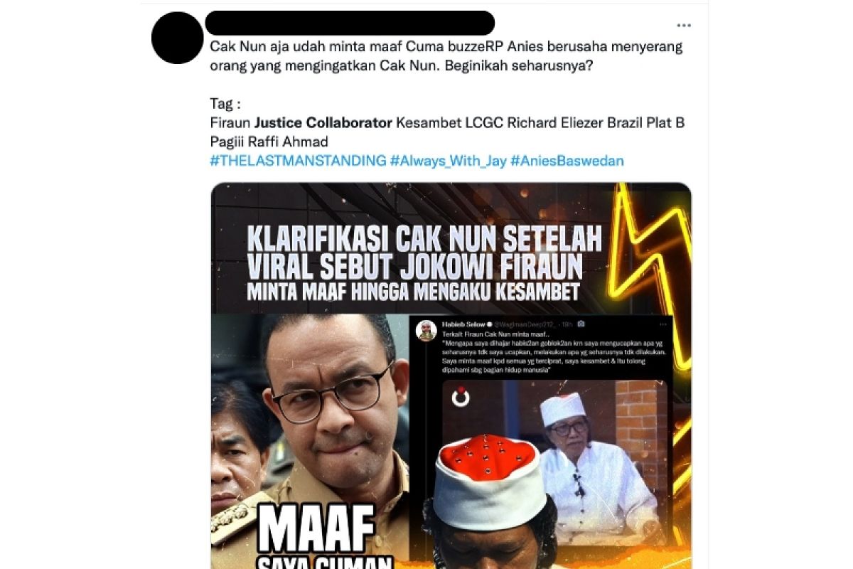 Hoaks! Cak Nun sebut Jokowi 'Firaun' adalah perintah Anies Baswedan
