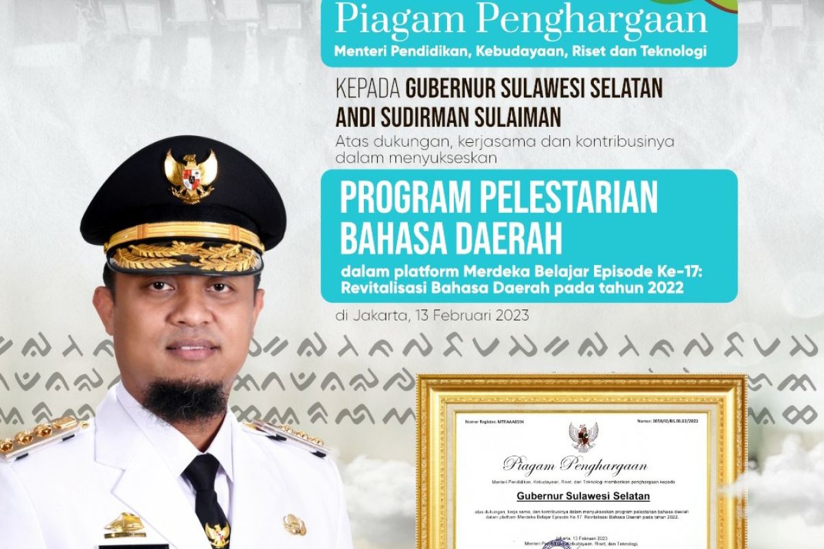 Gubernur Sulsel meraih penghargaan pelestarian bahasa daerah