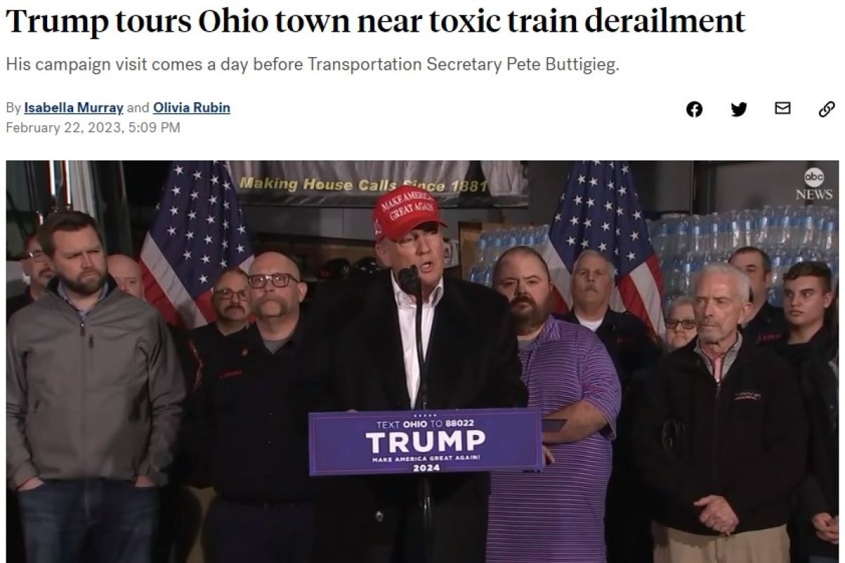 Trump kunjungi lokasi kereta tergelincir Ohio, soroti Biden tak hadir