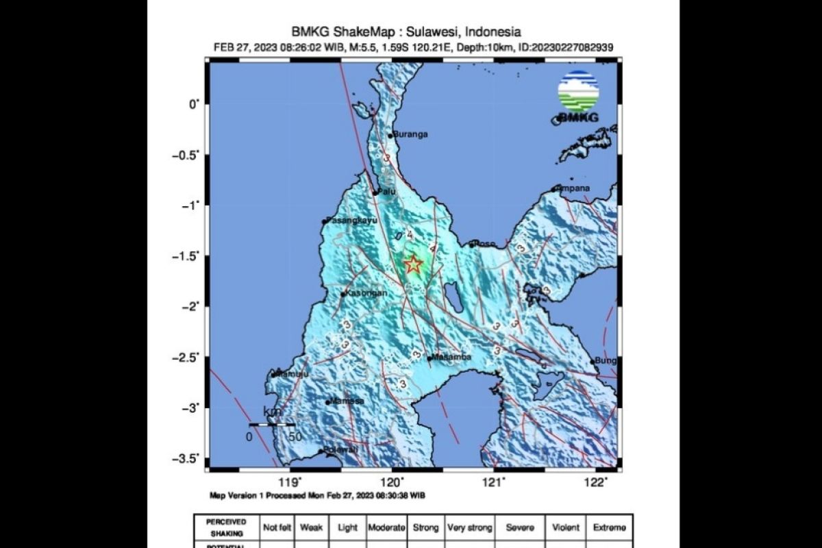 Gempa berkekuatan magnitudo 5,5 terjadi di Tenggara Sigi