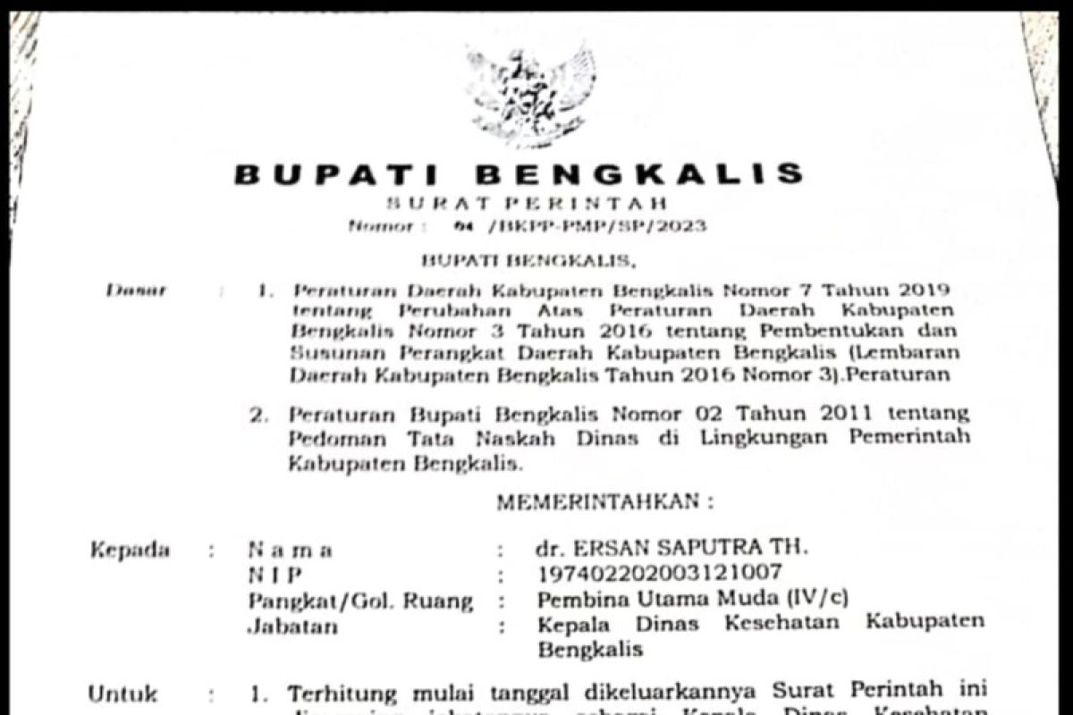 Bupati Kasmarni  tunjuk Ersan Saputra Plt Sekda Bengkalis