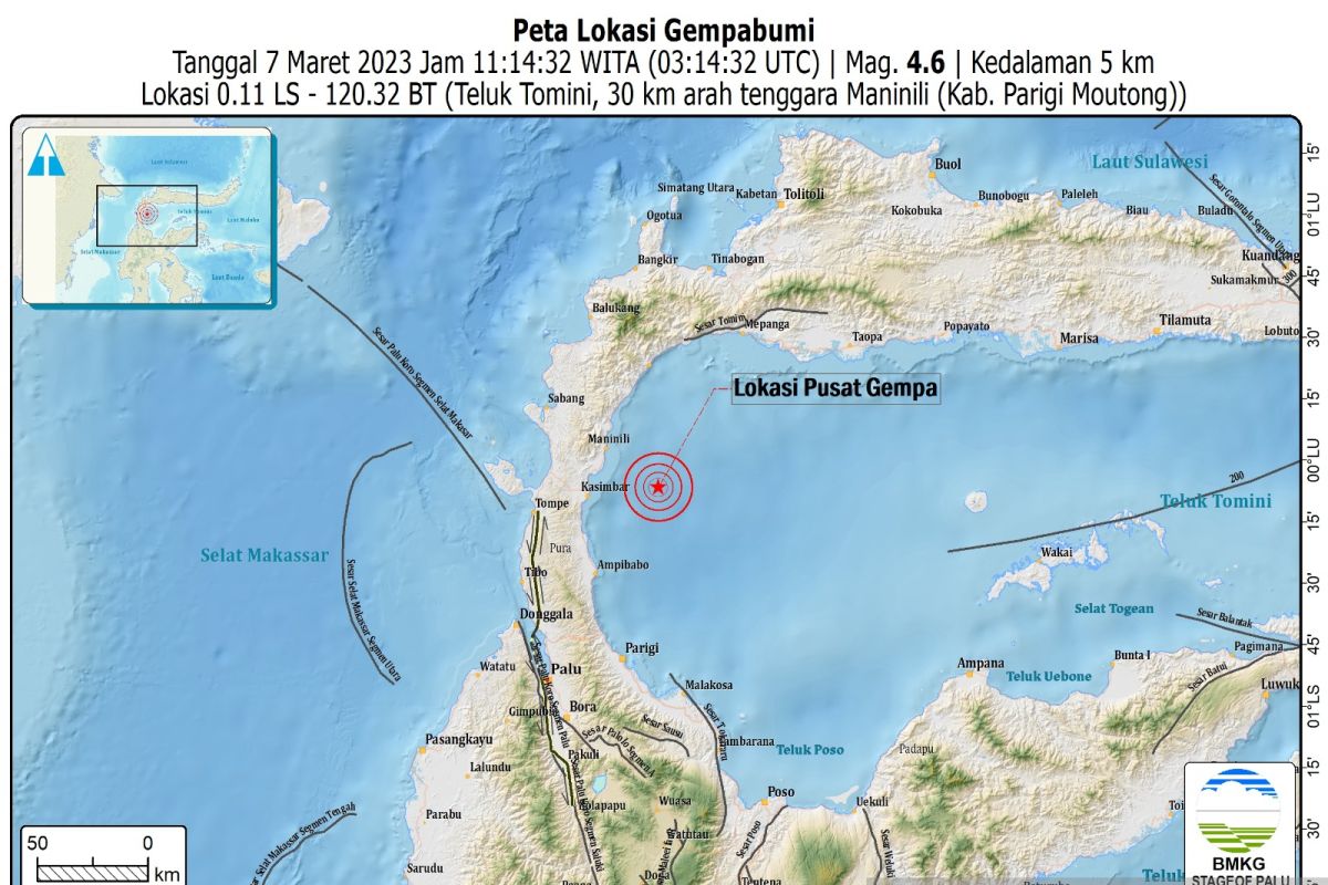 BMKG : Gempa dangkal bermagnitudo 4,6 guncang di wilayah Parigi Moutong Sulteng