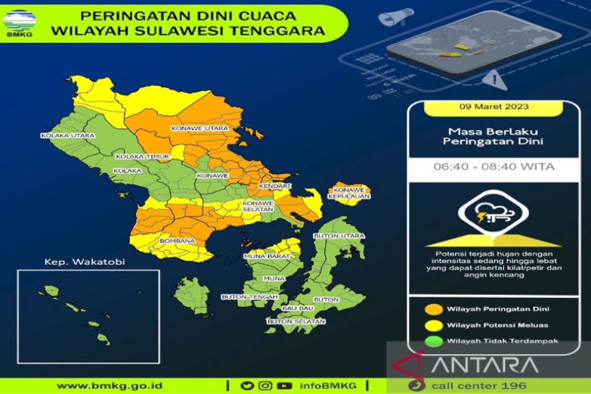 Wilayah Sulawesi Tenggara berpotensi hujan sedang dan lebat