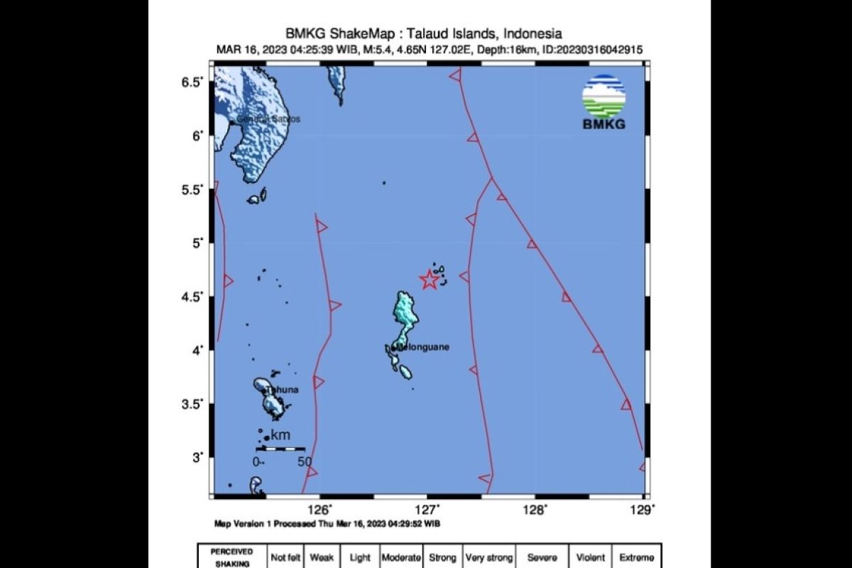 Gempa magnitudo 5,4 guncang wilayah Kepulauan Talaud Sulawesi Utara