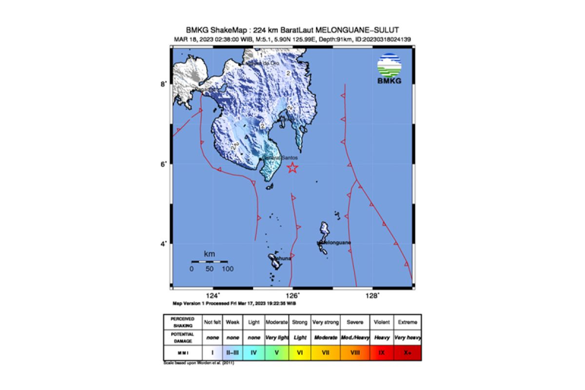 Gempa magnitudo 5,1 kembali mengguncang wilayah Melonguane Sulut