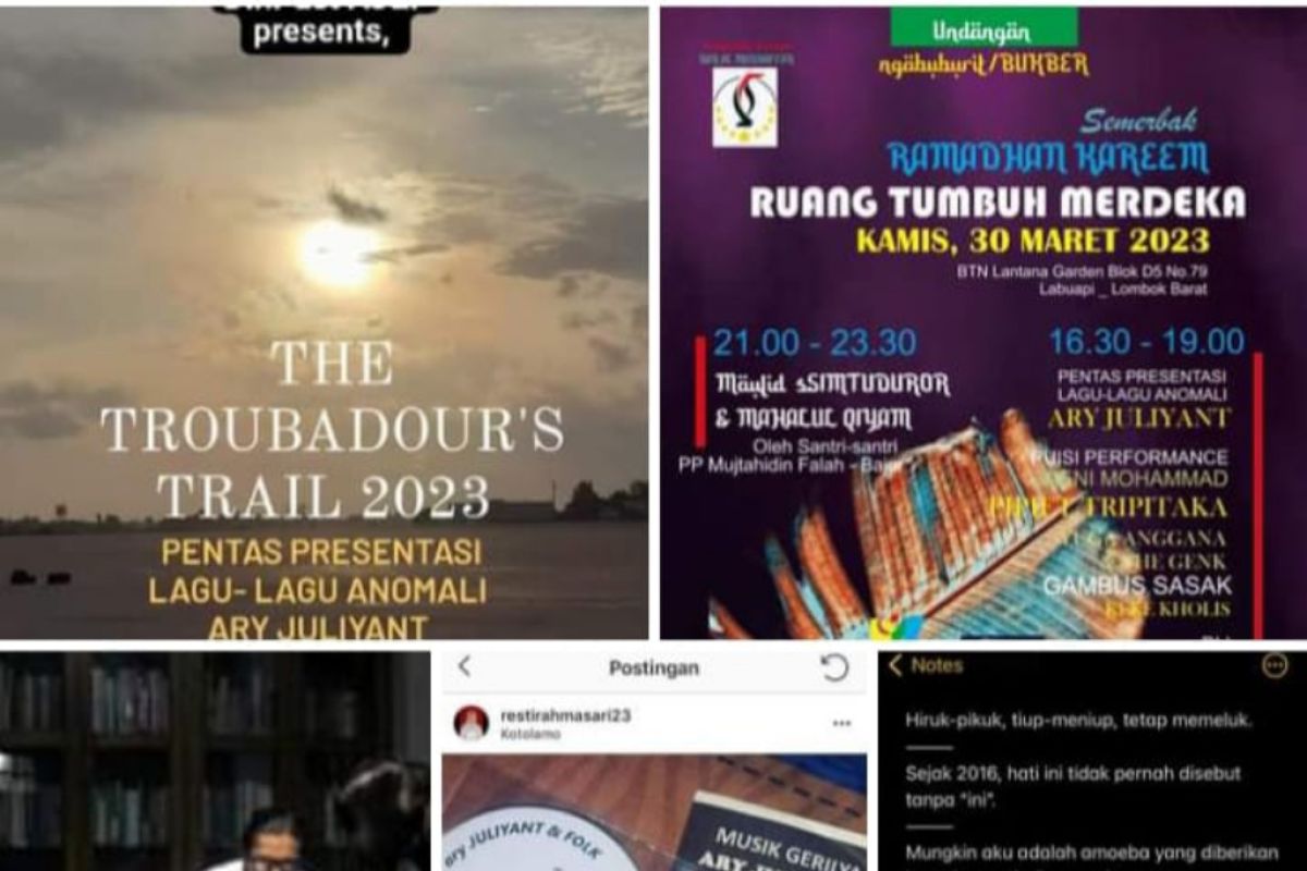 Kalender kesenian NTB: The Troubadours's Trail 2023 pentas presentasi karya "anomali" Ary Juliyant