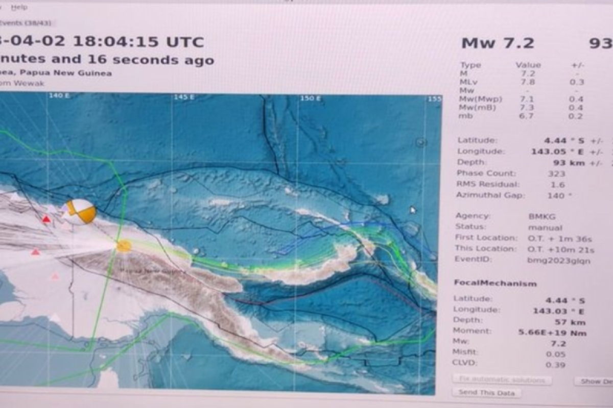 Gempa magnitudo 7,2 di Papua Nugini tercatat jaringan seismik BMKG pada Senin dini