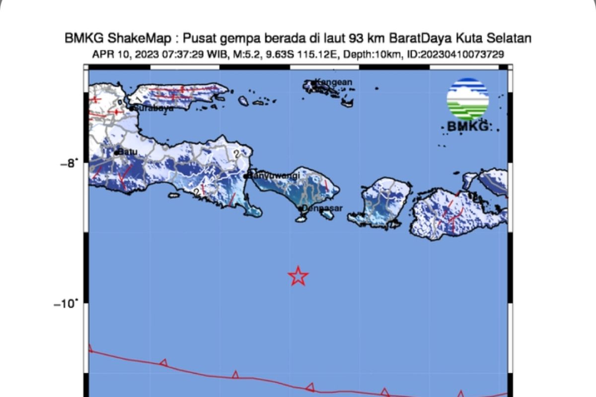 Gempa magnitudo 5,2 terjadi di selatan Bali