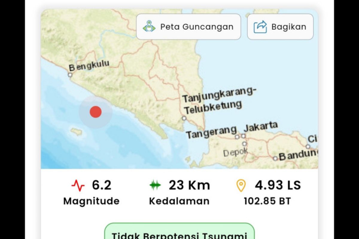 Gempa bumi terkini Magnitudo 6,2 guncang Bengkulu Selatan tidak berpotensi tsunami