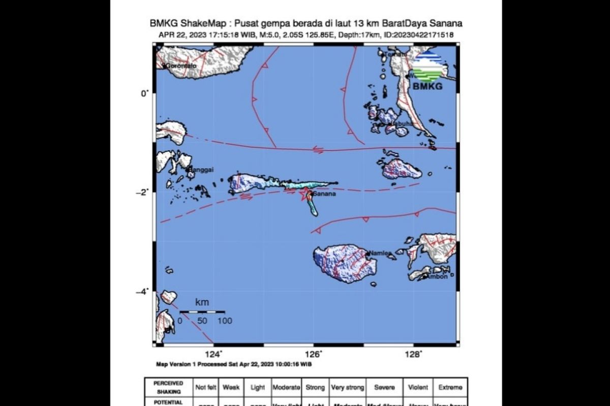 Gempa magnitudo 5,0 mengguncang wilayah Pantai Barat Laut Kepulauan Sula Malut