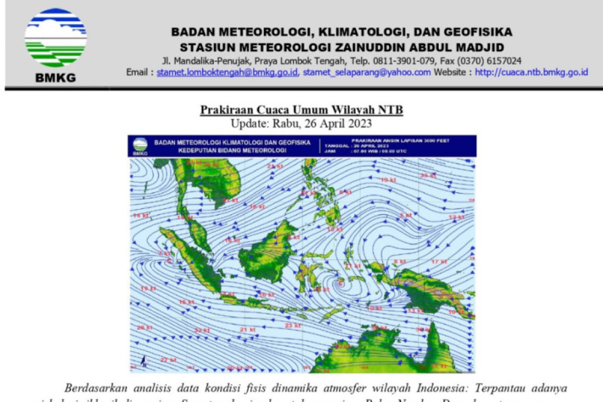 BMKG: Waspada potensi hujan di wilayah NTB pada tiga hari ke depan