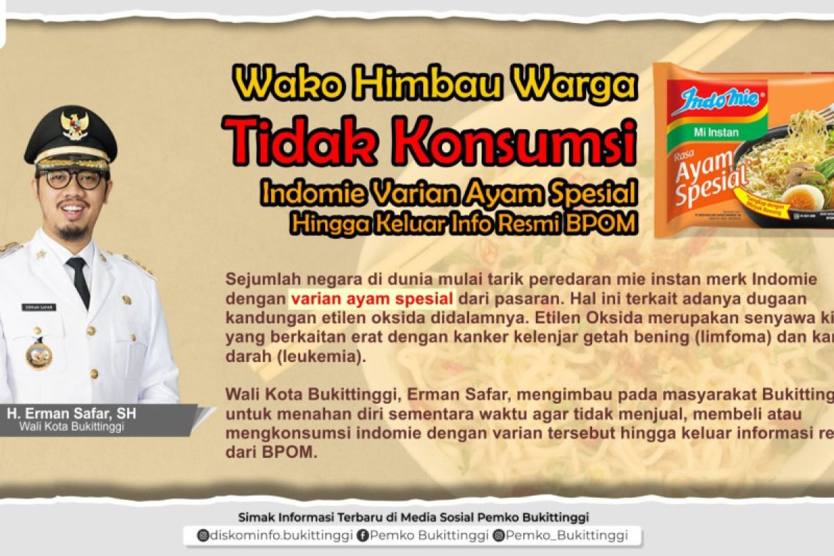 Pemko Bukittinggi imbau warga tidak konsumsi Indomie ayam spesial