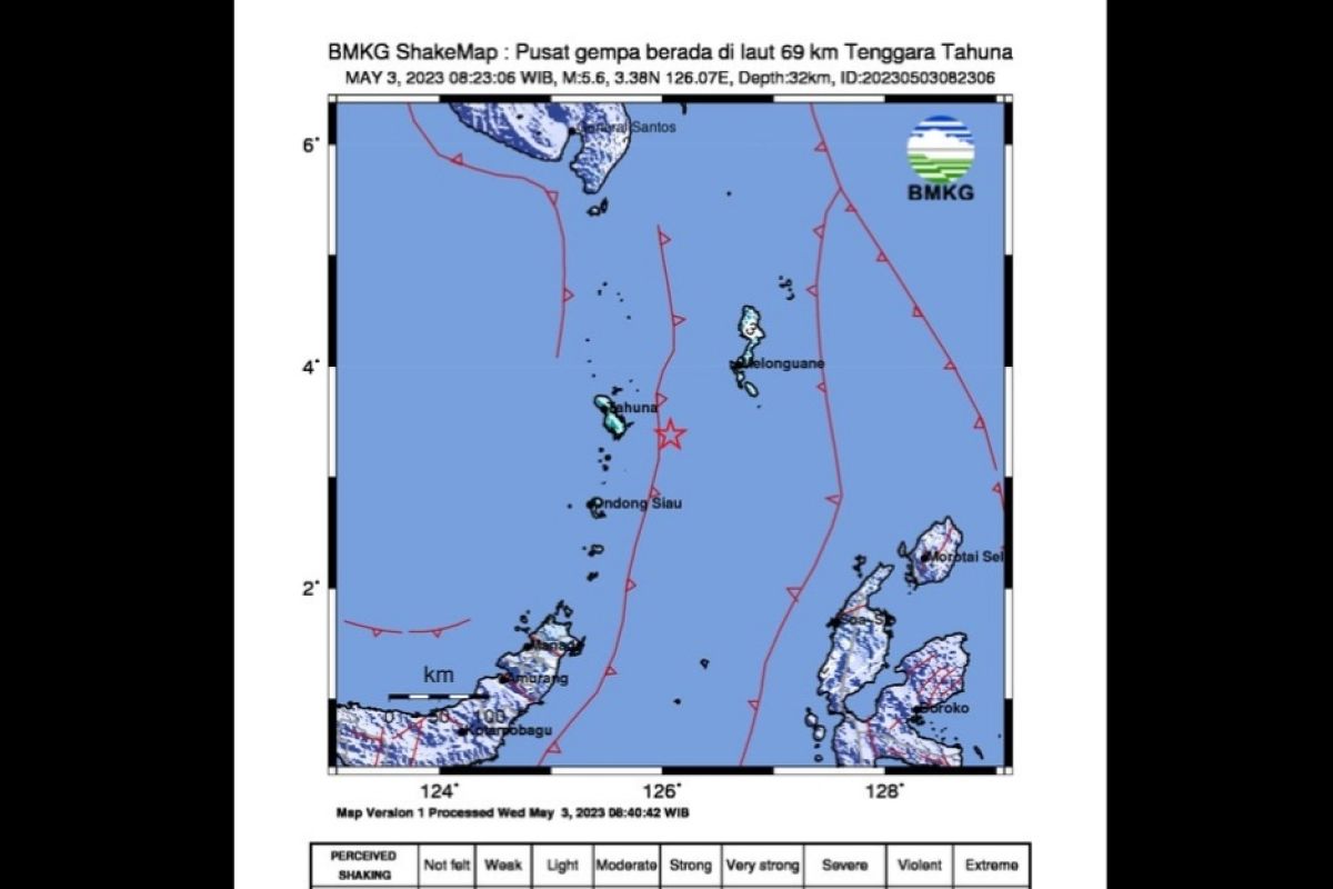Gempa dengan magnitudo 5,6 melanda wilayah pantai timur Kepulauan Sangihe