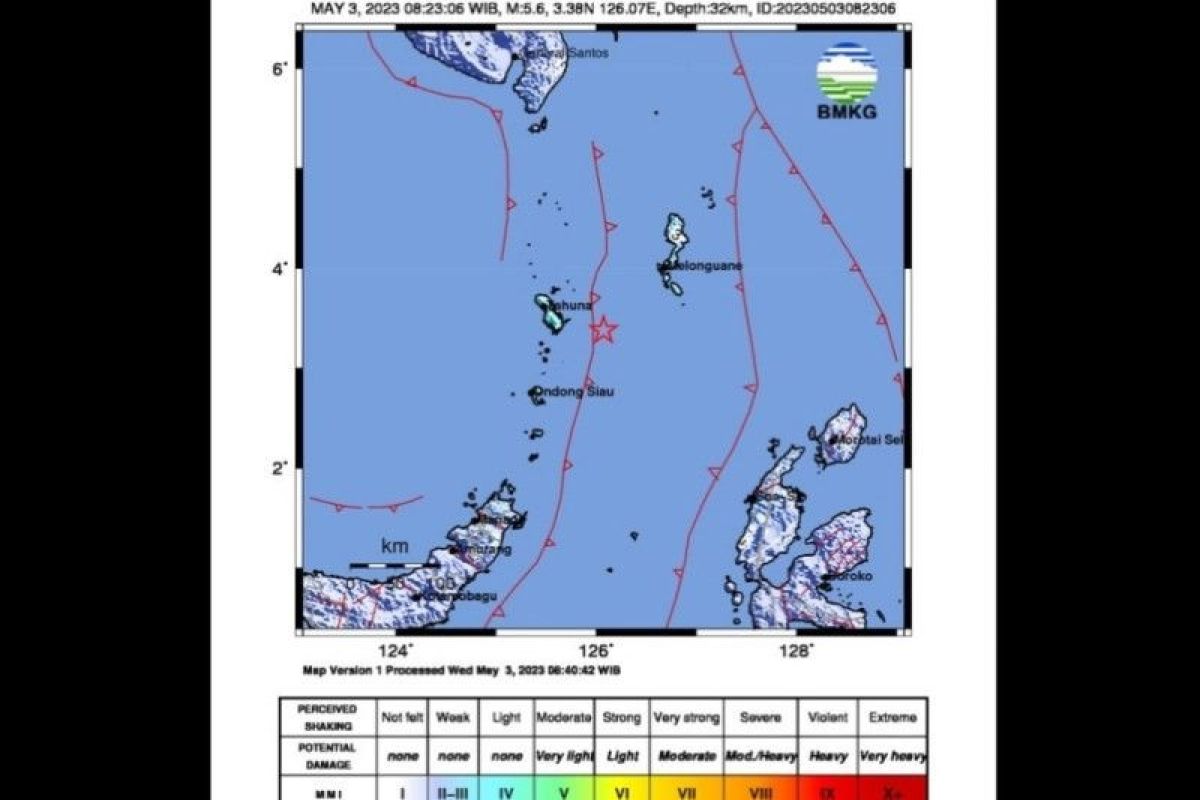 Gempa bumi terkini bermagnitudo 5,6 landa wilayah pantai timur Kepulauan Sangihe