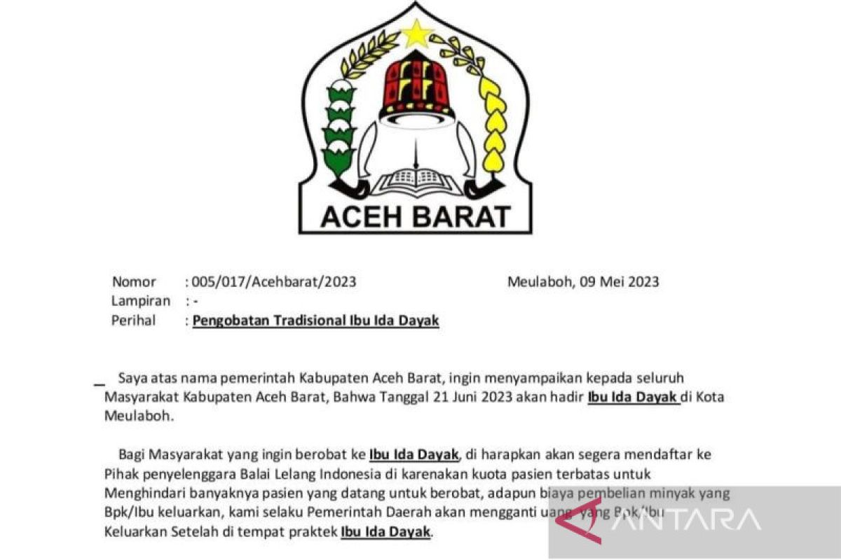 Pemkab Aceh Barat: Surat imbauan pengobatan Ibu Ida Dayak di Meulaboh Hoaks