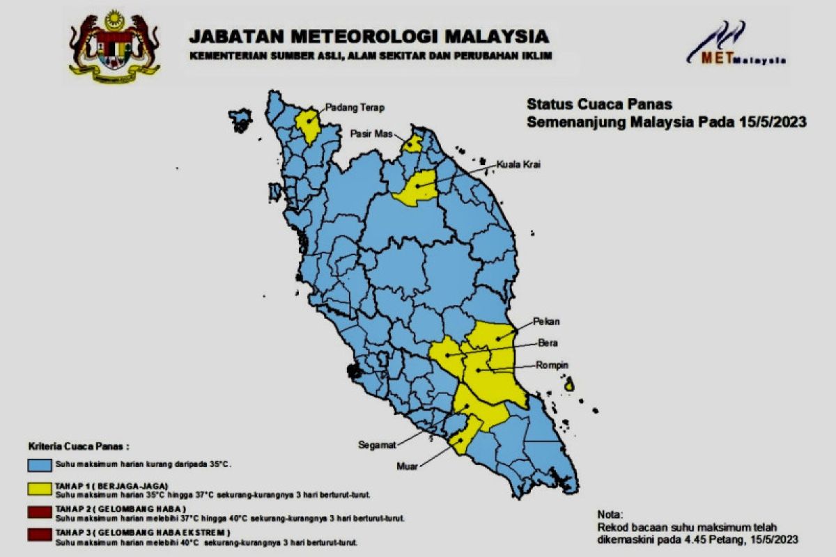 Sembilan kawasan di Malaysia berada di tahap berjaga-jaga cuaca panas