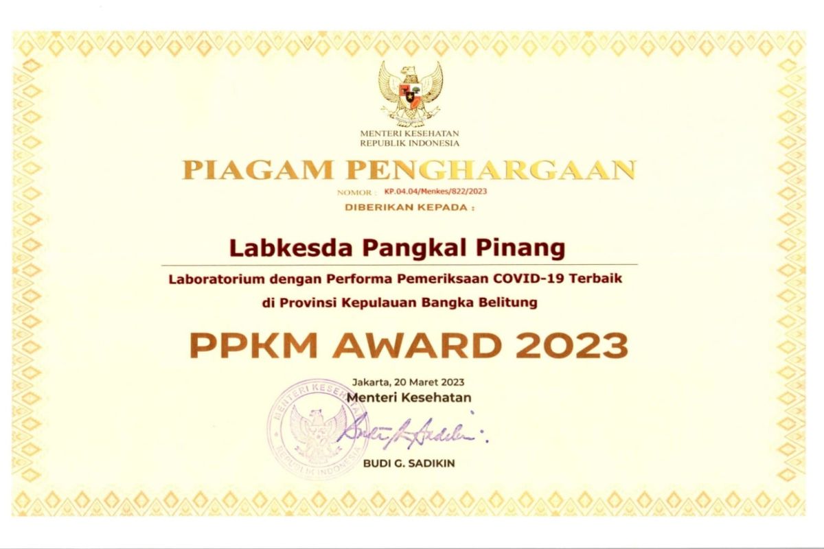 Labkesda Pangkalpinang terima penghargaan Award PPKM 2023