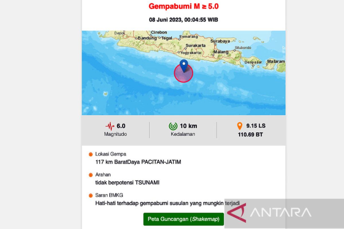 Gempa magnitudo 6,0 mengguncang barat daya Pacitan Jatim