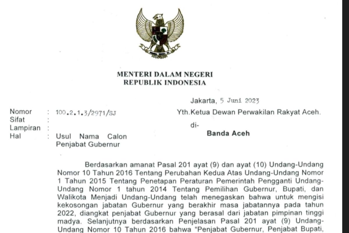 Soal usulan calon Pj Gubernur Aceh, DPRA: Harus orang Aceh