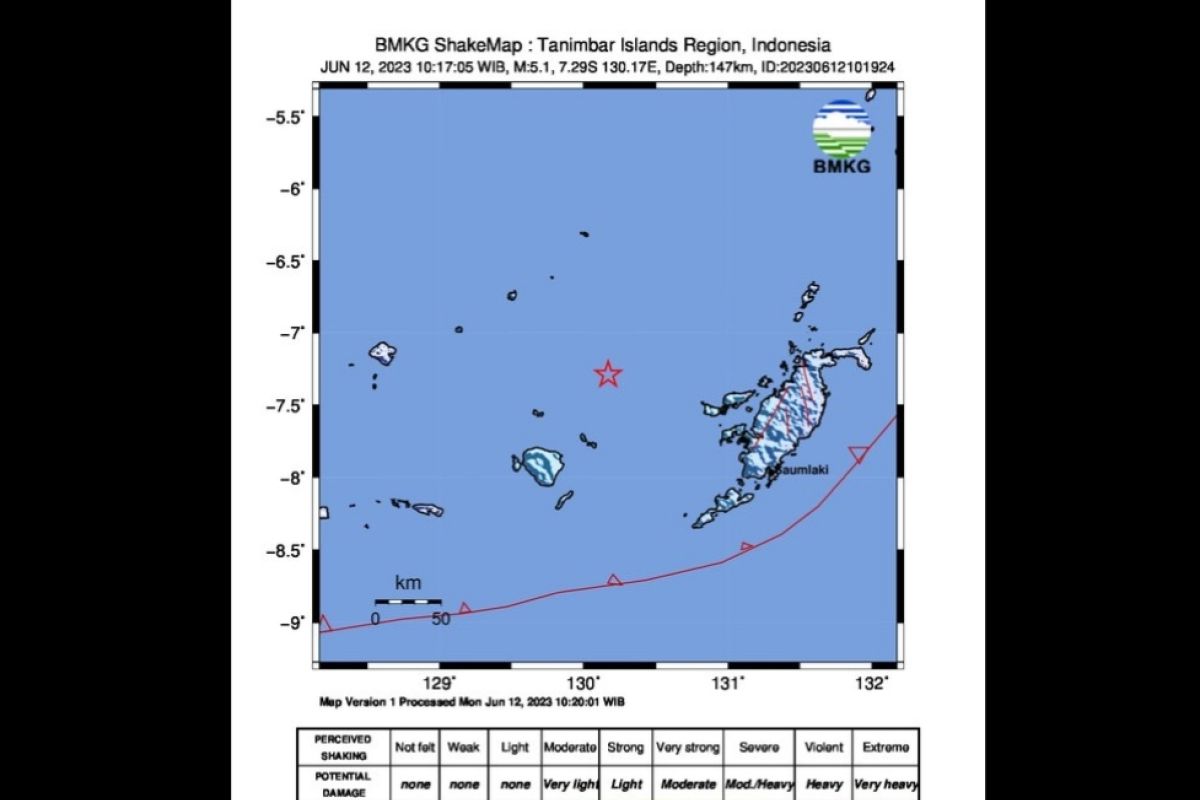 Gempa magnitudo 5,1 guncang wilayah barat laut Tanimbar, tidak berpotensi tsunami