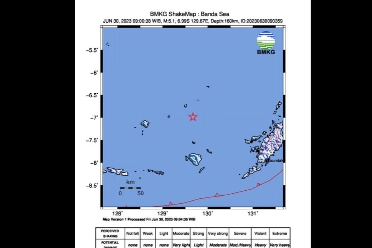 Gempa tektonik magnitudo 4,9 terjadi di Laut Banda