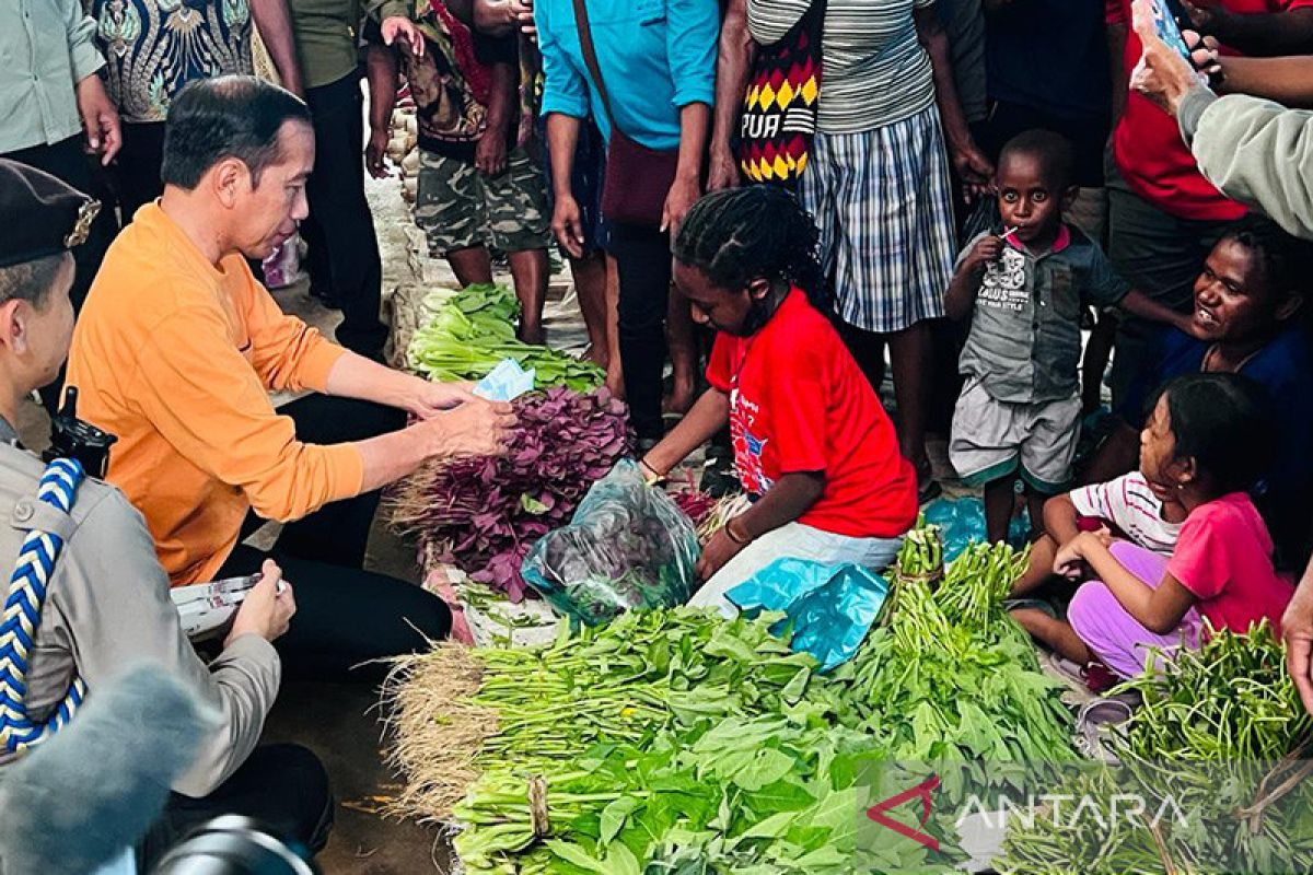 Jokowi sapa warga dan cek harga bahan pokok di Pasar Pharaa