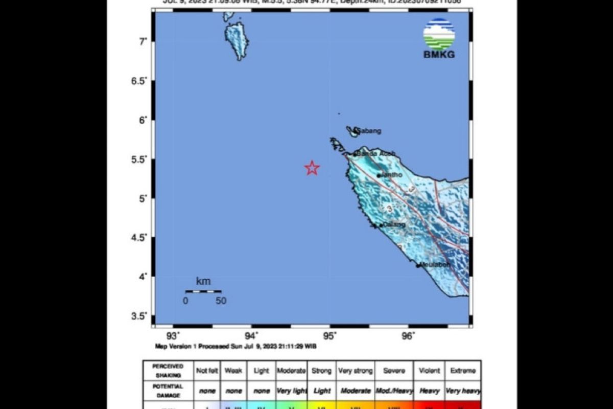 Gempa magnitudo 5,5 mengguncang wilayah barat daya Banda Aceh