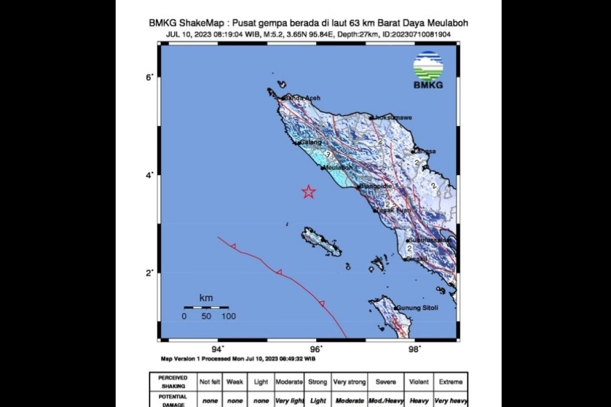 Gempa bumi magnitudo 5,2 landa daerah pantai barat daya Meulaboh