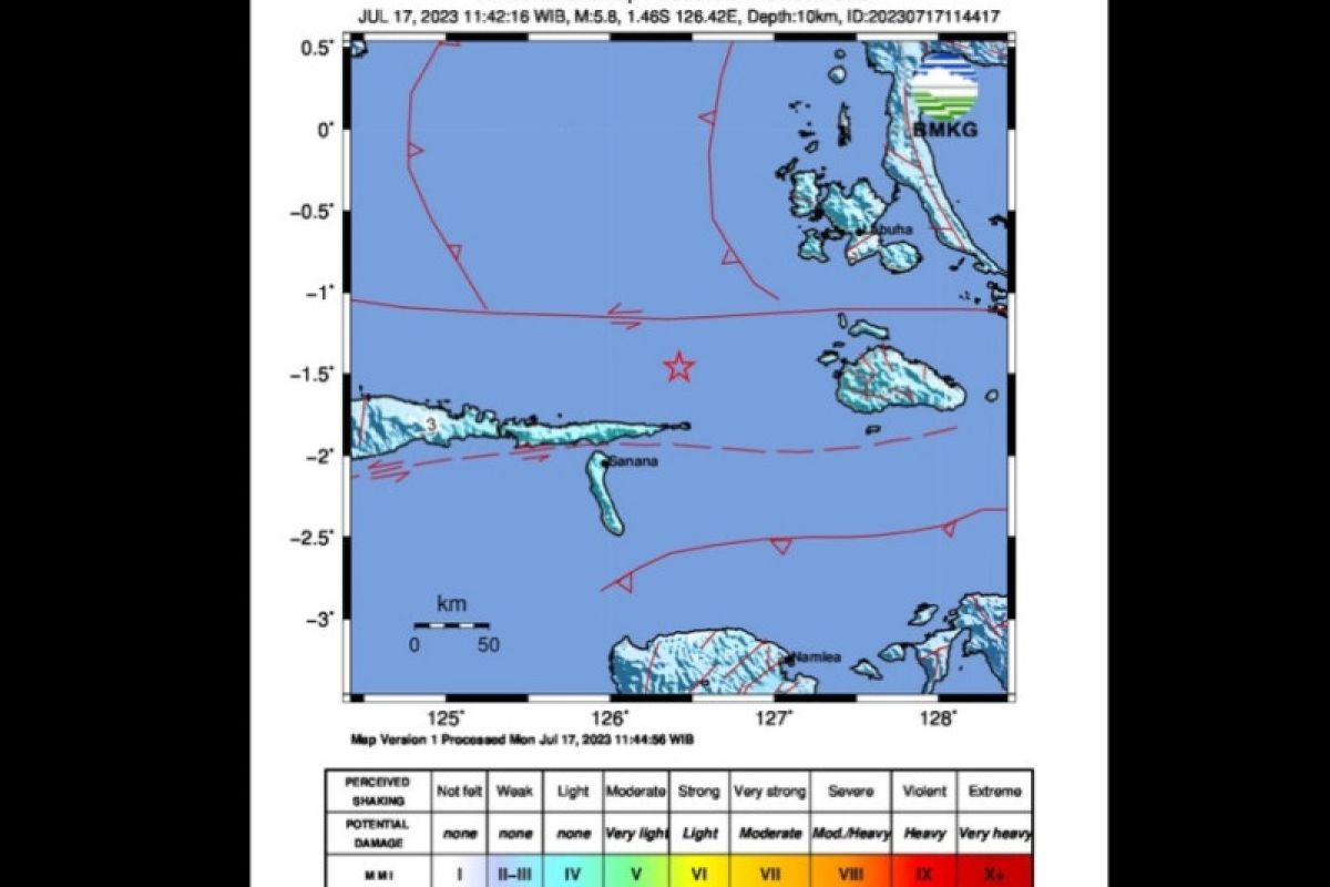 Gempa berkekuatan magnitudo 5,8 guncang timur Laut Sanana Maluku Utara pada Senin siang