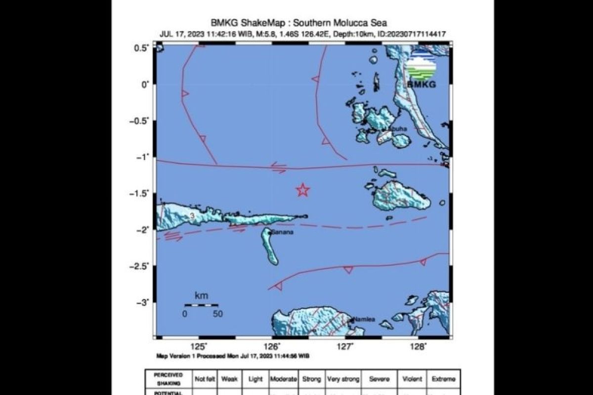 BMKG: Gempa bumi magnitudo 5,8 guncang timur Laut Sanana Maluku Utara