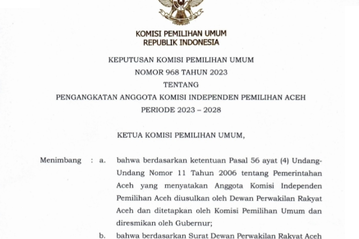 KPU RI tetapkan tujuh komisioner KIP Aceh 2023-2028