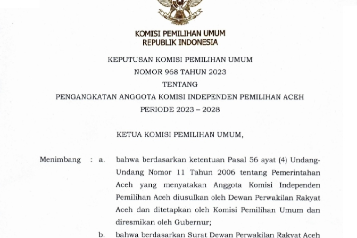 KPU RI resmi tetapkan tujuh komisioner KIP Aceh 2023-2028