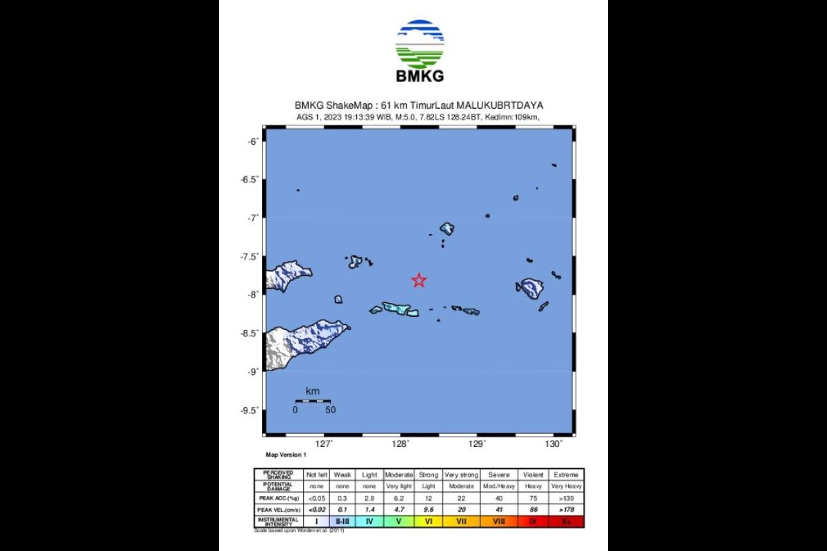Gempa magnitudo 5,0 guncang wilayah Maluku Barat Daya