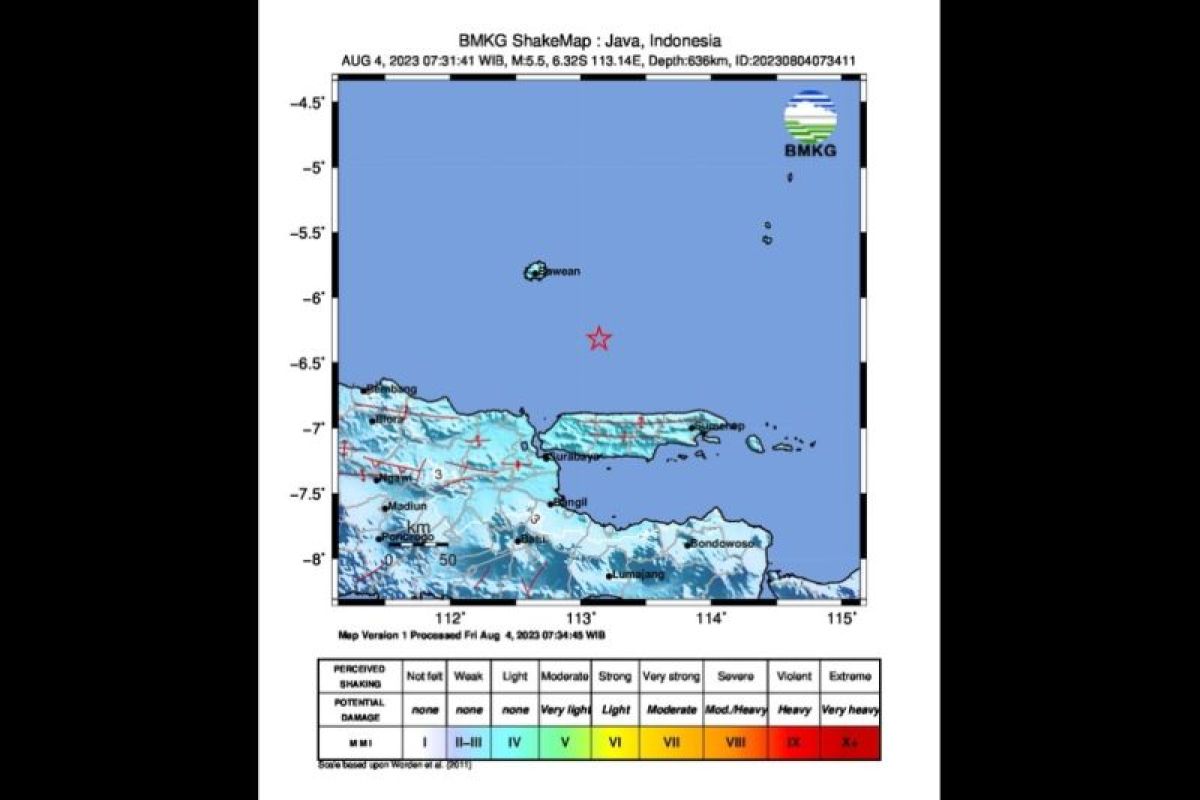 Gempa bumi berkekuatan M5,5 guncang timur Laut Bangkalan