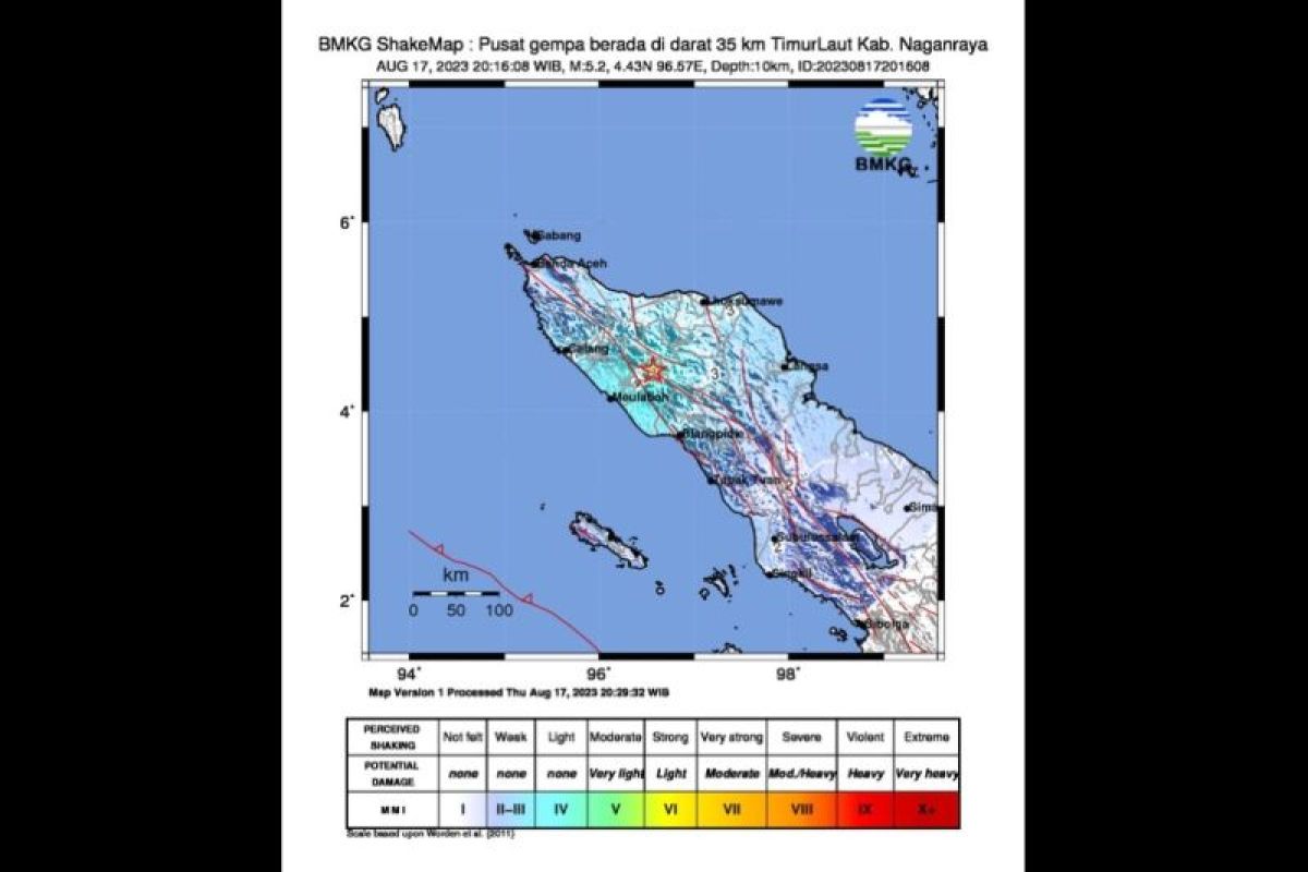 Gempa berkekuatan  5,2 guncang  timur laut Nagan Raya Aceh